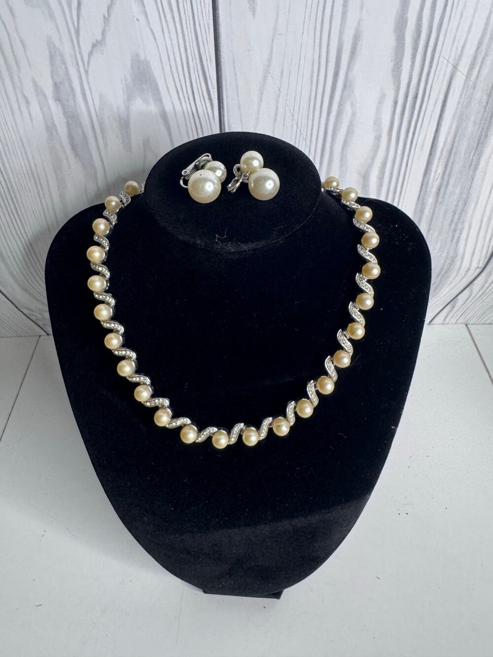 Vintage MCM 1940s Trifari Necklace Faux Pearl and Rhinestone with Earrings Set